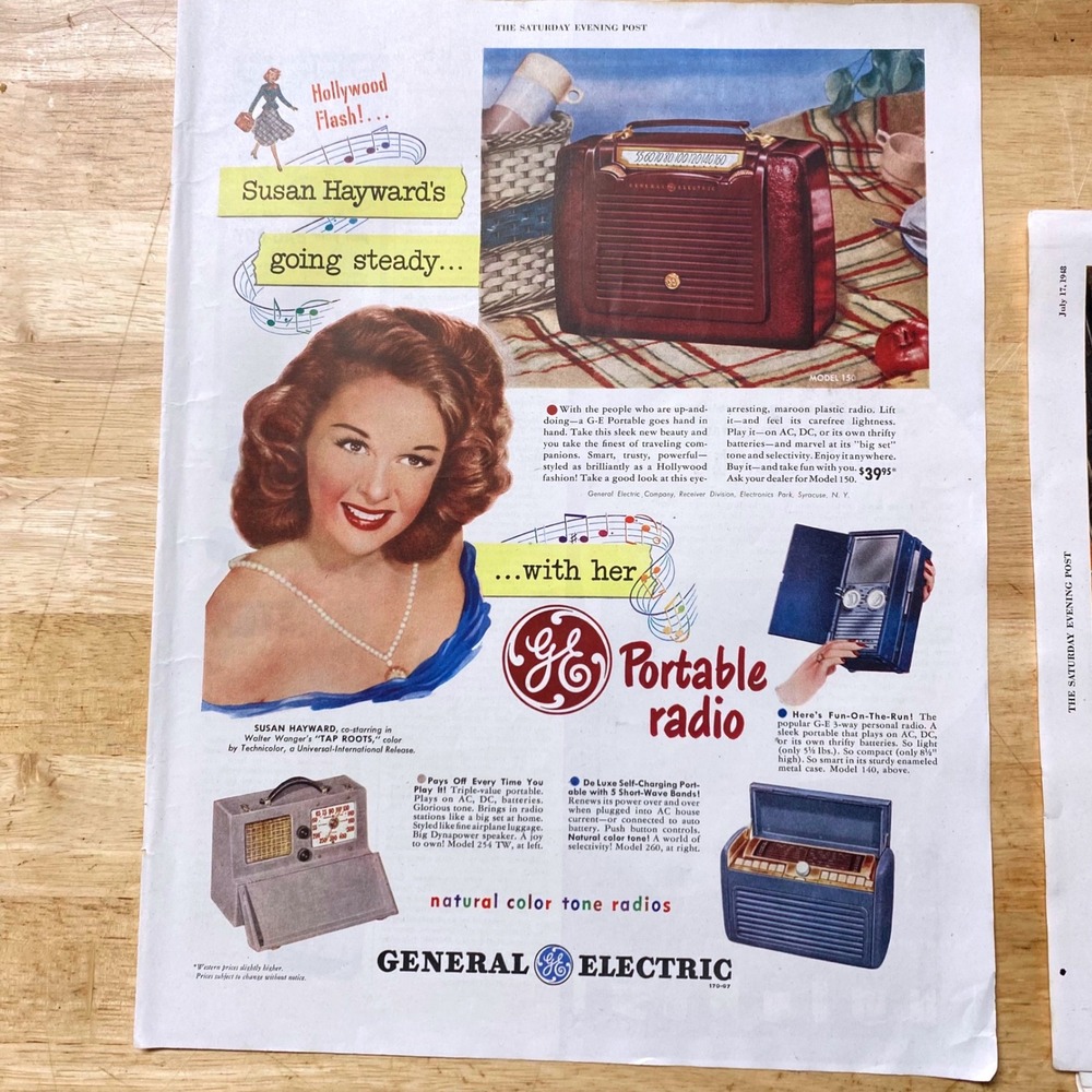 VTG 1948 GE Portable Radio Print Ad Susan Hayward Art